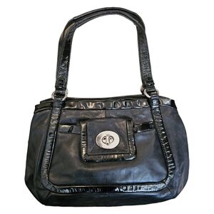 Coach Cricket Medium Black Leather Patent Trim Satchel Curved Shoulder